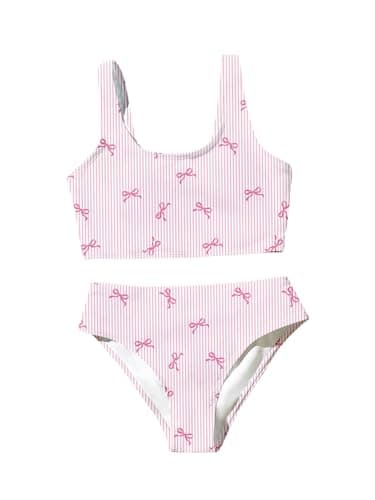 RoseSeek Girl's 2 Piece Striped Bowknot Swimsuit Set Wireless Cute Bathing Suit Summer Beachwear Bikini Sets Pink 11Y