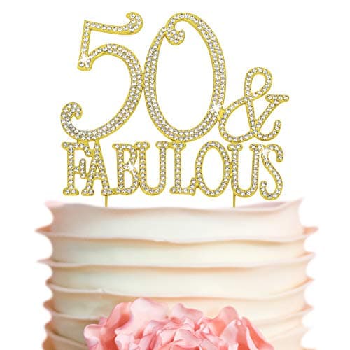 50 Cake Topper Premium Gold Metal 50 and Fabulous 50th Birthday Party Sparkly Rhinestone Decoration Makes a Great Centerpiece Now Protected in a Box