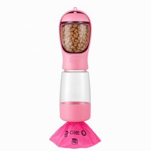 Schmick 3-in-1 Portable Pet Water Bottle with Food Container and Waste Bag Storage - Travel Pet Water Dispenser Bottle (Pink, Medium)