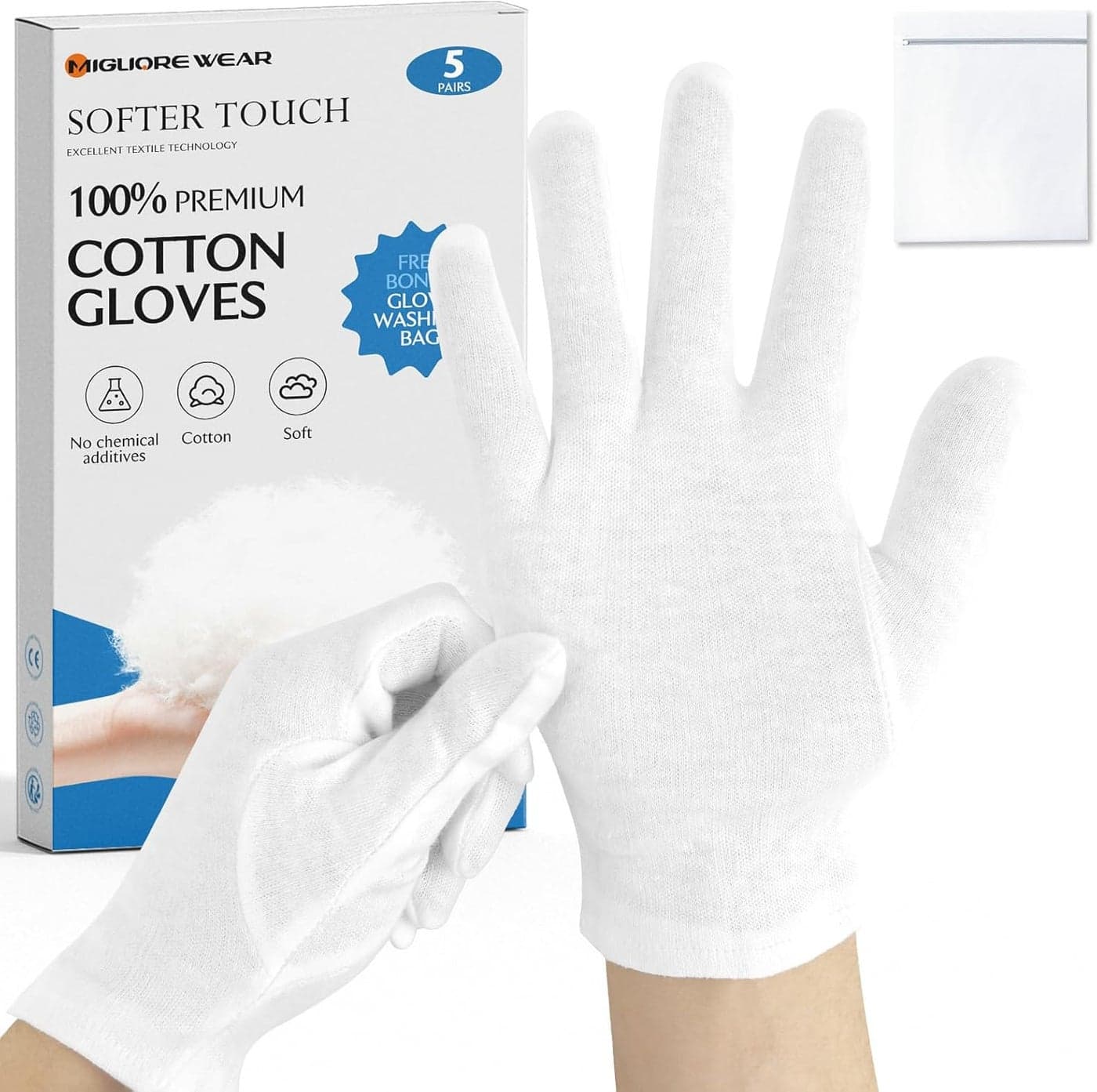5 Pairs White Cotton Gloves for Eczema Moisturising Gloves for Dry Hands Washable White Gloves for Adults with 1 Free Wash Bag