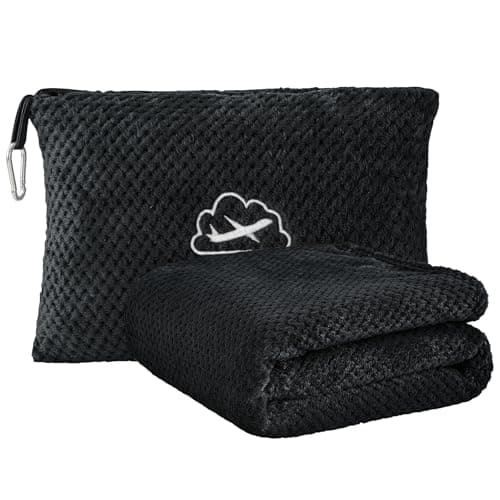 BEDELITE Travel Blanket and Pillow Set 2in1 UltraSoft Jacquard Fleece Blanket with Bag Airplane Blanket with Luggage Sleeve Backpack Clip Travel Essentials Black