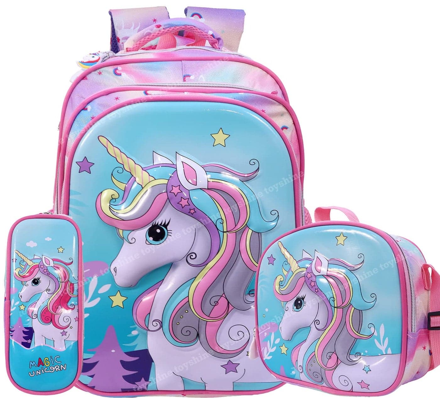 Toyshine Kids Backpack 20 inches with Pencil Case and Lunch Box Bag School Backpack for Girls Cute Lightweight Toddler Schoolbag Preschool Elementary Leisure Bag- 3 Pc Set - Christmas Unicorn - Green