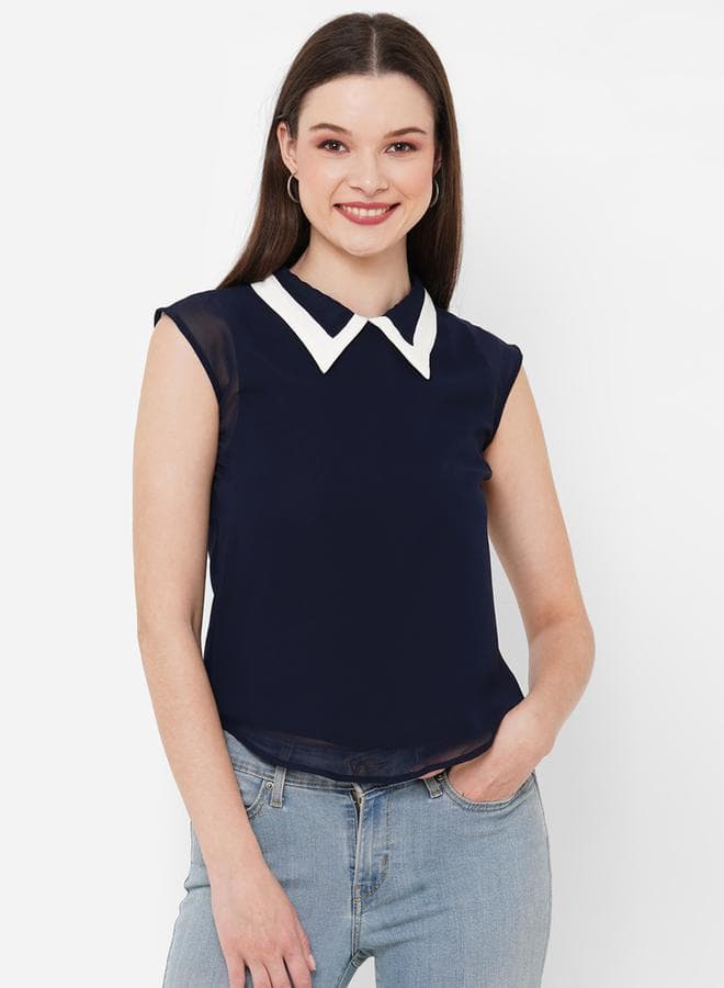 Contrast Collar Sleeveless Top
