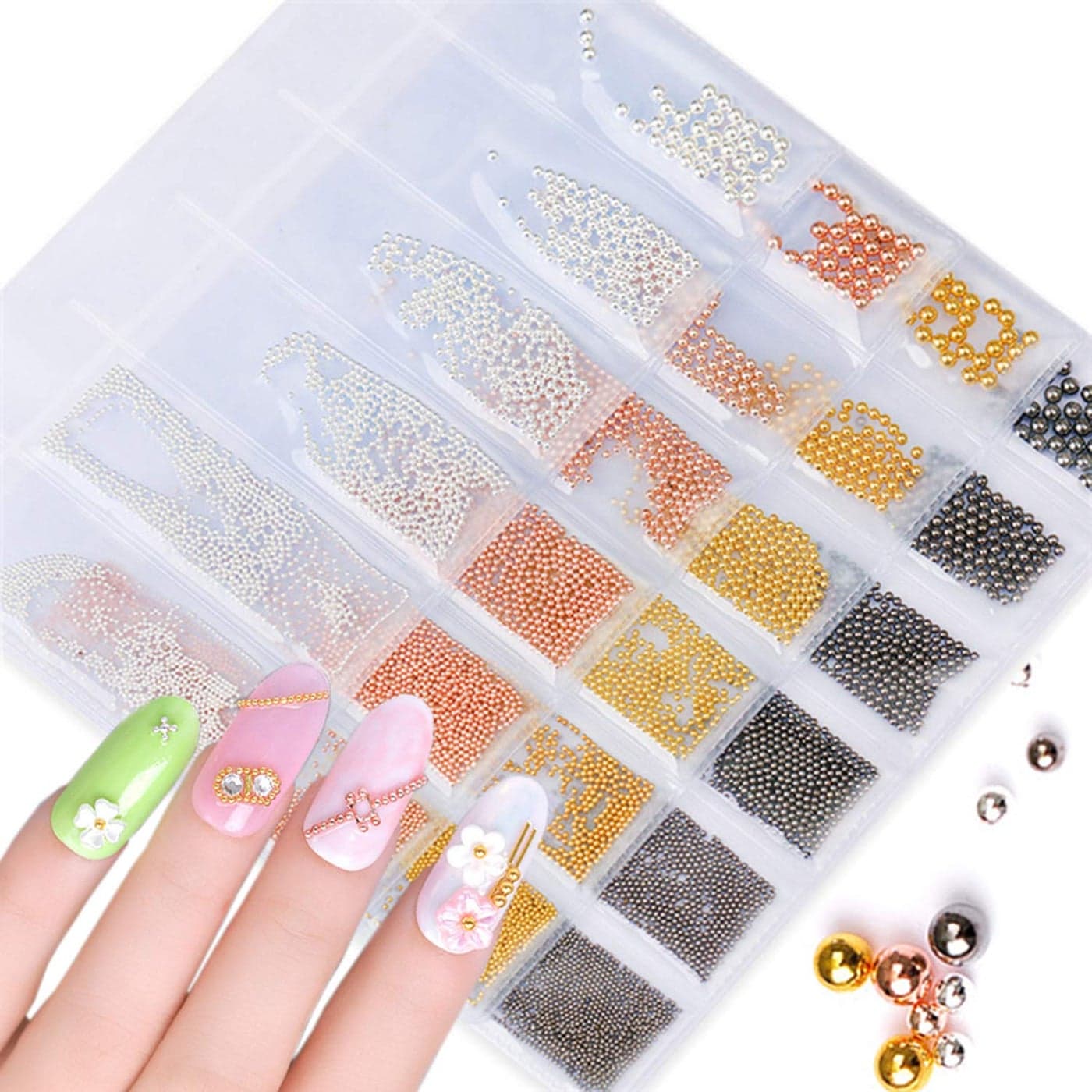 4 Pack Nail Caviar Beads Micro Mini Metal Nail Beads 3D Nail Art Decorations Nail Steel Ball Gold Sliver Black Gem Crystal Beads Acrylic Nails Supplies Nail Art Accessories for Women Manicure Decor