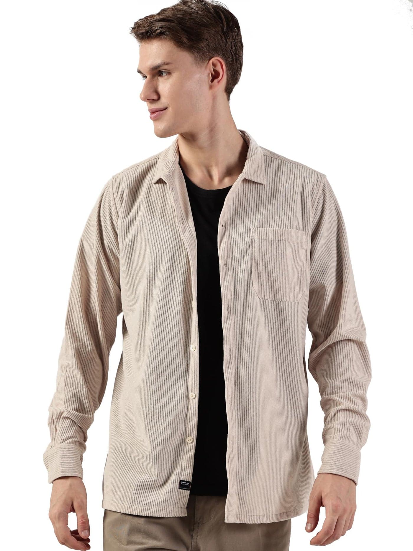 Thomas Scott Men’s Premium Slim Fit Oversized Corduroy Shacket(TS1630_Beige_L)