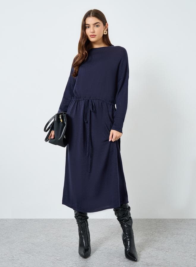 Solid Belted Round Neck Knitted Midi Dress