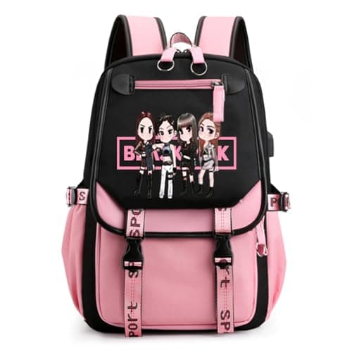 PALAY® Black Pink Bag For Girls School Bag with USB Cable Jack Cute Backpacks Idol Print Design Laptop Backpack and Casual Backpack Student Accessories That can Hold 16.8 inches Books