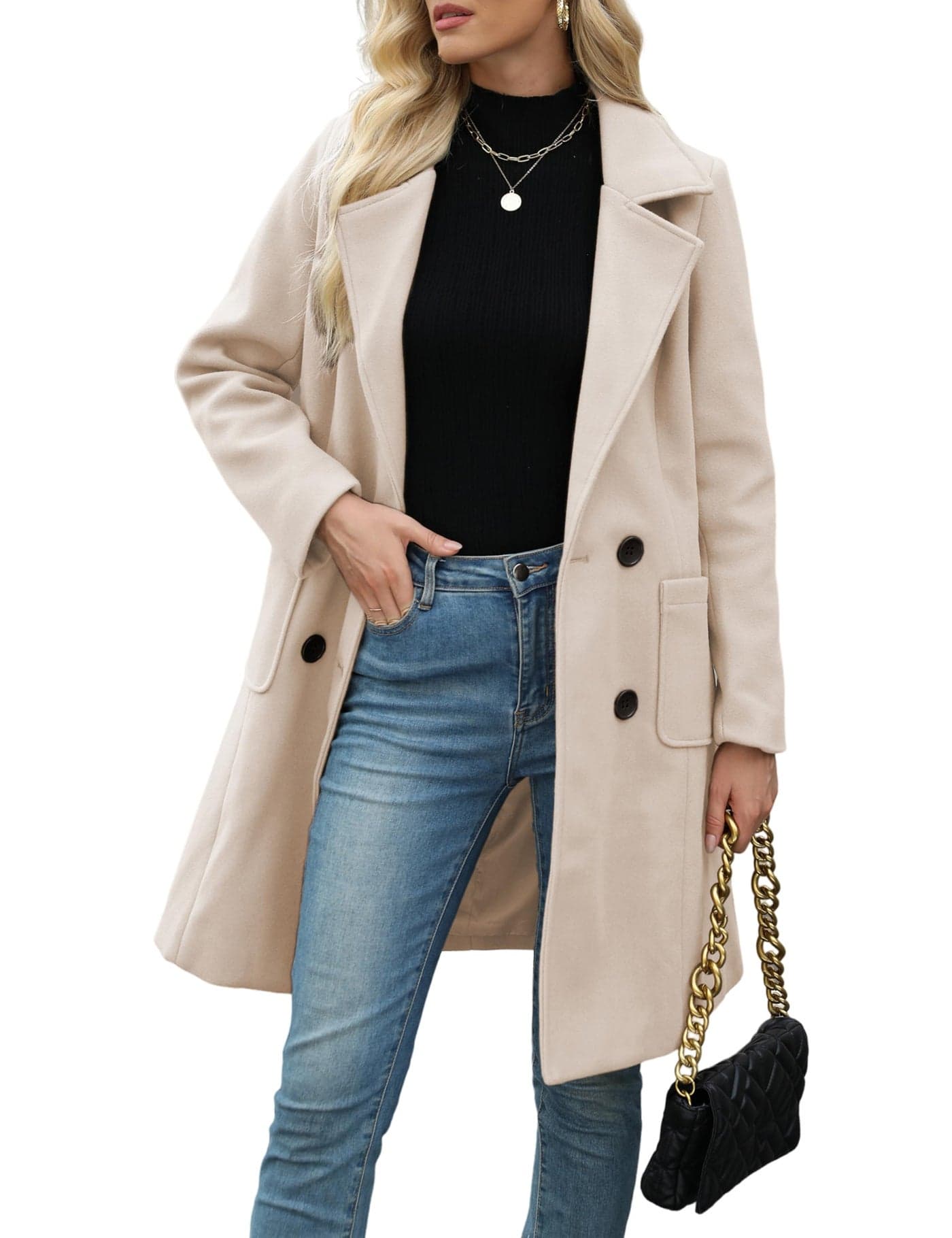 Bankeng Women Winter Wool Blend Camel MidLong Coat Notch DoubleBreasted Lapel Jacket Outwear Cream WhiteS
