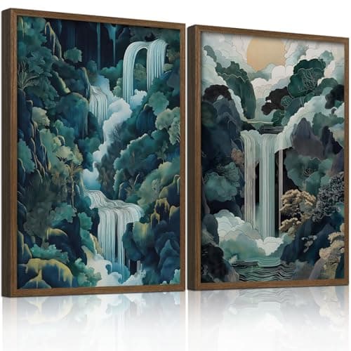2pcs Framed Japanese Canvas Wall Art Painting Large Waterfall Scenery Poster Print Wrap Canvas Artwork Nature Scenery Abstract Blue Waterfall Zen Art Print Living Room Bedroom Office Decor 12x16 Inch