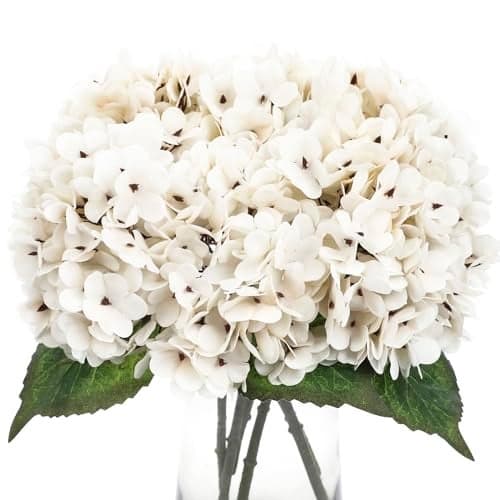Kimuras Cabin 6pcs Fake Flowers Artificial Silk Hydrangeas Flower Faux Hydrangea with Stems for Wedding Party Bouquets Arrangement Home Table Centerpieces DecorationLvory White