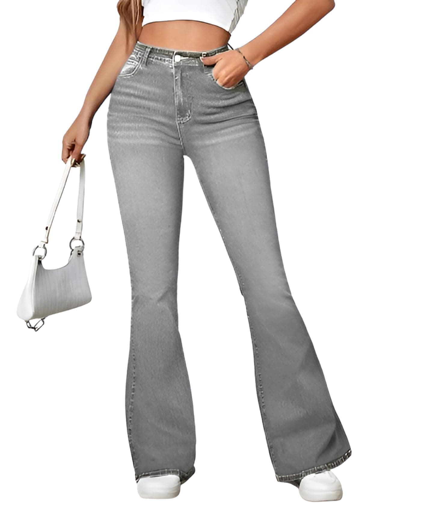 Ben Martin Women’s Grey High Waist Jeans || Flared Bell Bottom Bootcut Pants || Wide Leg Stretch Denim – Perfect for Travel, Party & Everyday Use – Sizes 36 (2)