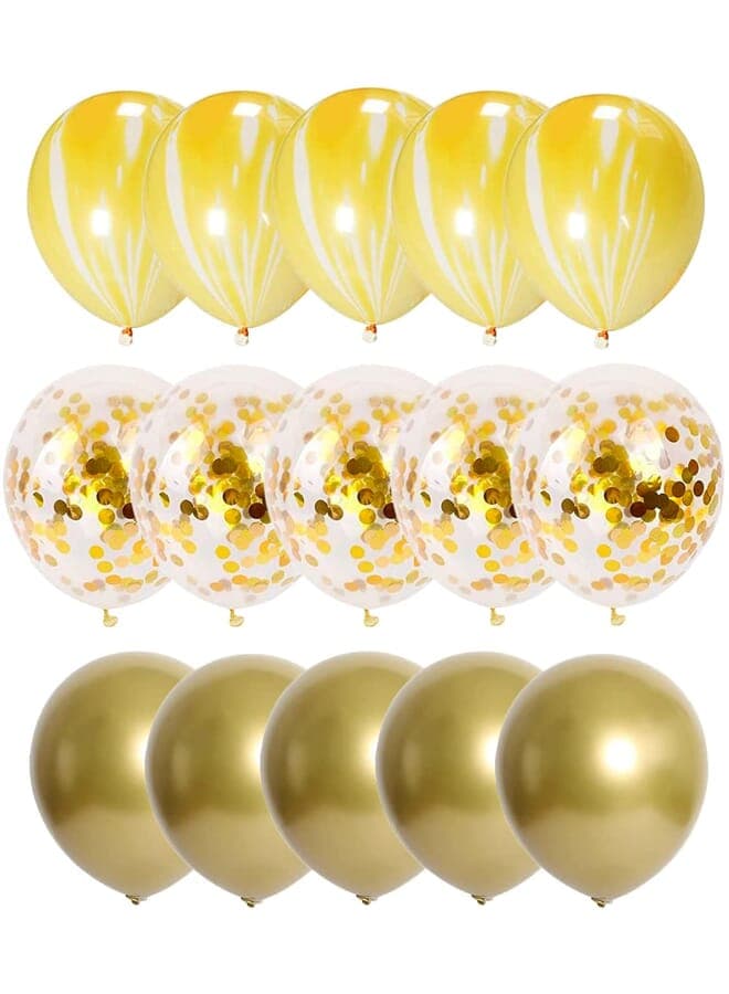 15 Pieces Set Chrome Latex Confetti Balloons 12 Inches For Birthday Party | Wedding Decoration Anniversary Bridal And Baby Shower Yellow Gold