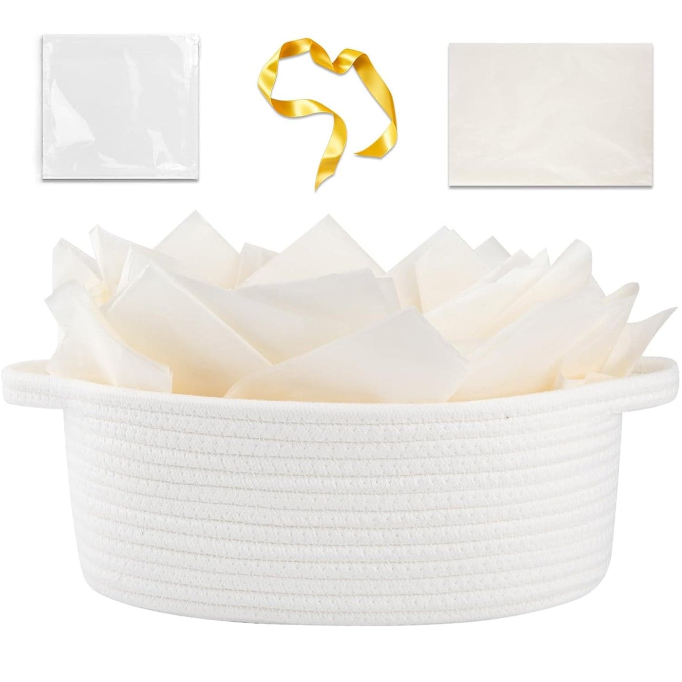 OIAHOMY Gift Basket with Handle Small Woven Basket with Gift Bag Ribbon and Wrap Tissue Paper Nursery Bins Empty to Fill with Small Items Baby Pet Toy Organizer White