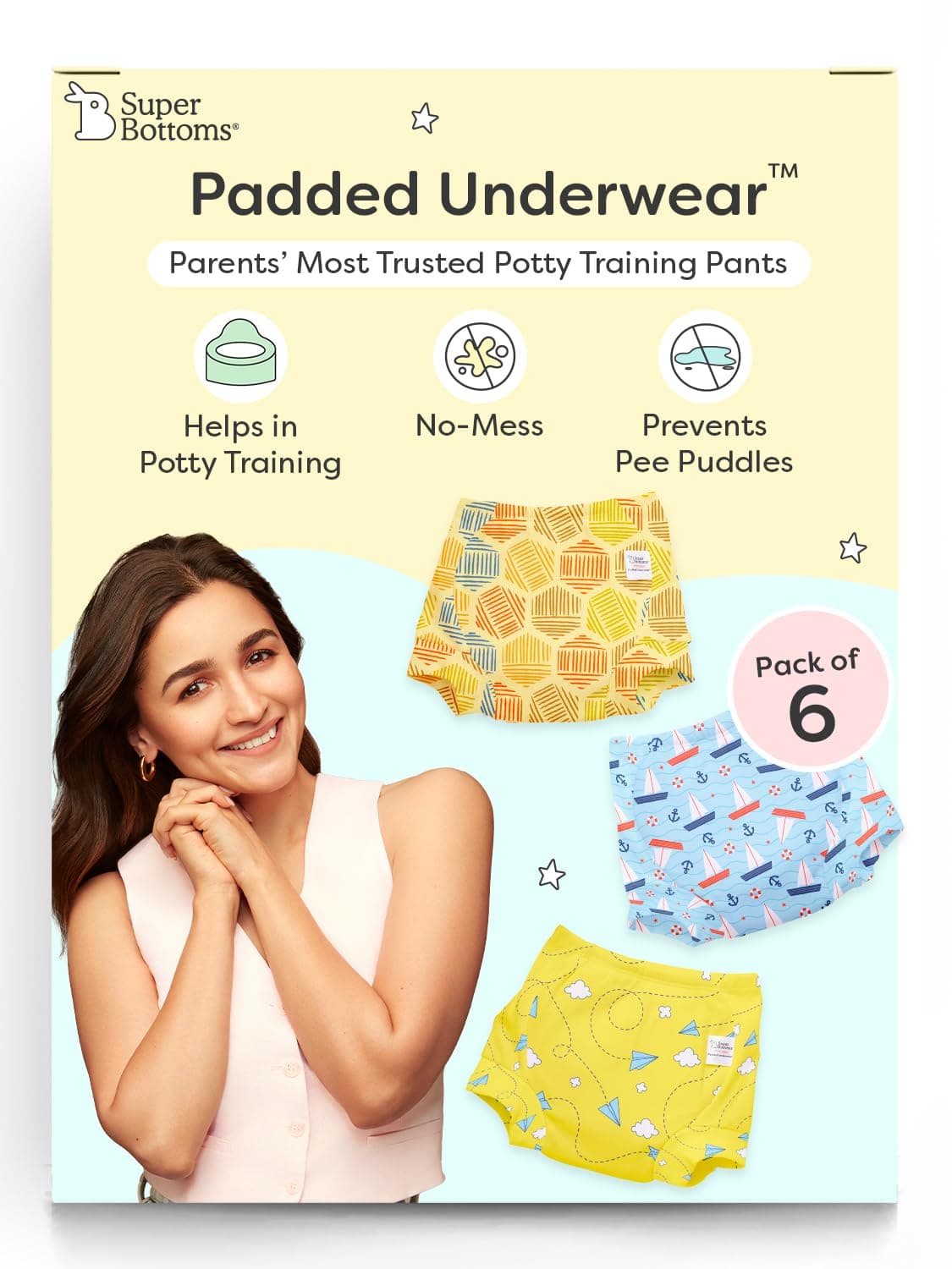 superbottoms Padded Underwear for Babies & Toddlers (9-12 Months), 3 Layers of Premium Cotton & DryFeel Layer, Ideal for Diaper-Free Time & Mess-Free Potty Training Pants, Pack of 6