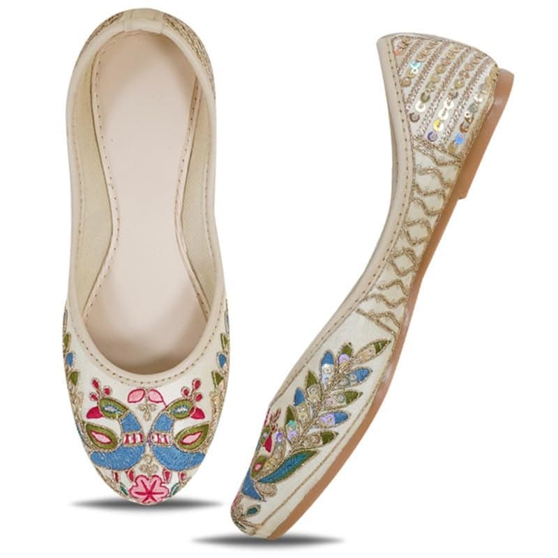 DFR Women's Embroidered Rajasthani Mojari Juti Shoe, Cream, UK Size 8