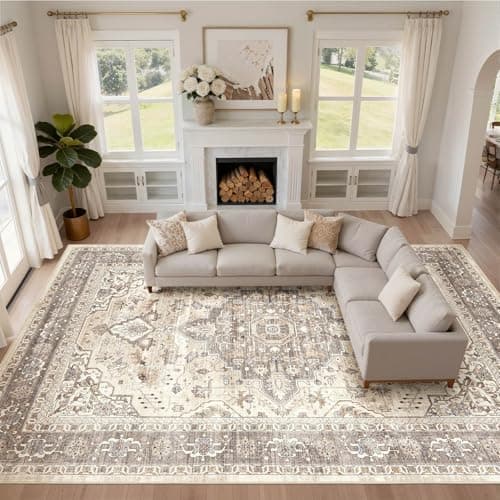 10x14Ft Area Rugs Living Room: Washable Boho Large Neutral Vintage Soft Rug Stain Resistant Farmhouse Non Slip Indoor Floor Carpet for Bedroom Nursery Kids Playroom Office Dining Room- Beige Brown