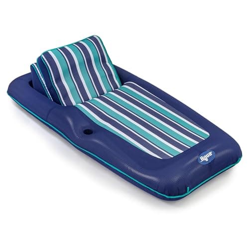 Aqua Premium Convertible Pool Float Lounge – Extra Large – Heavy Duty, Inflatable Pool Floats for Adults with Cupholder – Navy/Green/White Stripe