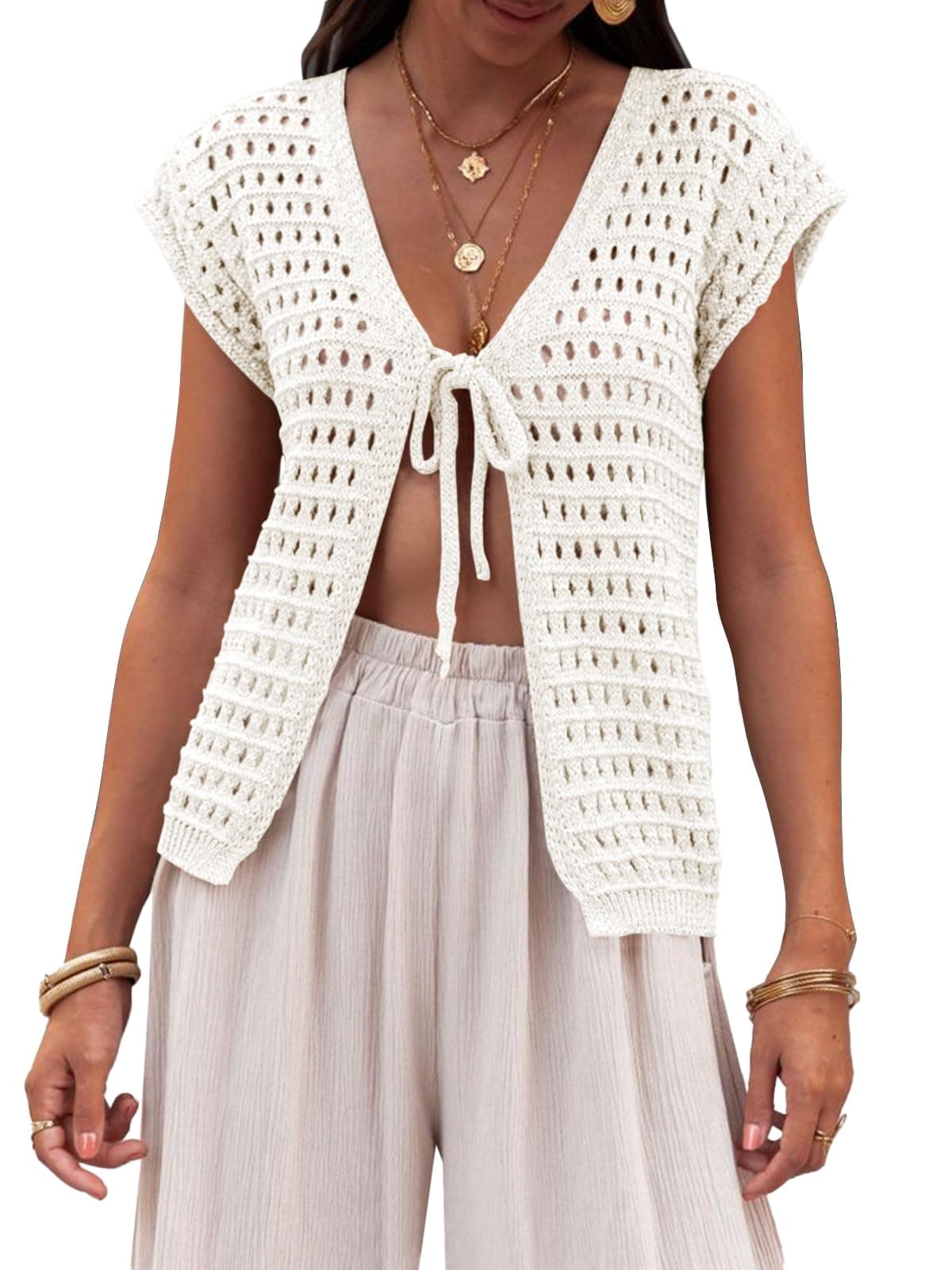 Saodimallsu Womens Tie Crochet Shrug Short Sleeve Open Front Lightweight Knit Cropped Cardigan Sweaters Cover Up