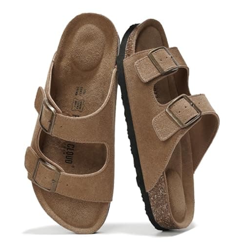 Project Cloud Genuine Leather Flat Sandals Women 2025 Beach Essentials Womens Sandals Memory Foam Vacation Essentials Slides for Women Footwear (Venita, Chestnut, 5.5)