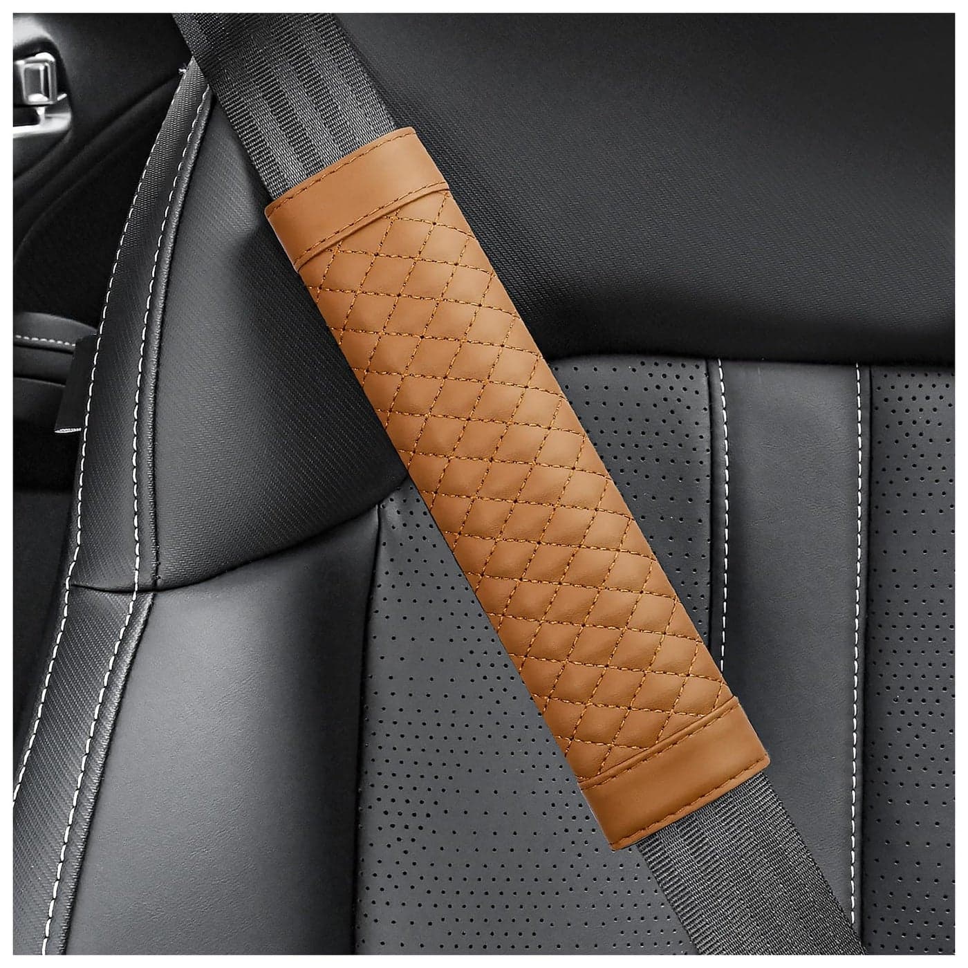 2PCS Car Seat Belt Cover PadSoft Leather Seatbelt Covers Breathable Seatbelt Cushion with Plaid DesignAll Seasons Universal Car Interior Accessories Seat Belt Cover for Kids Adults Brown