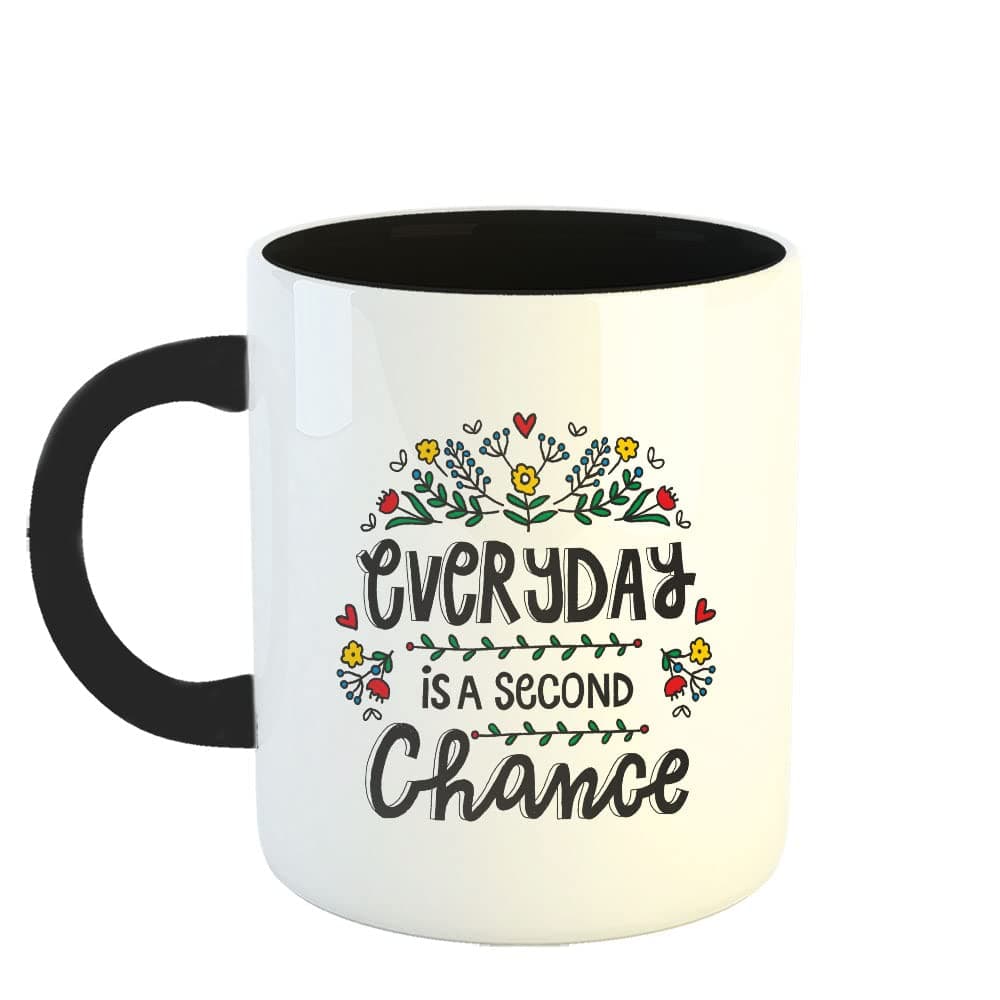 Happu Printed Ceramic Coffee Mug Motivational Quotes Everyday is a Second Chance Gift for Colleagues Office Desk Gift Gift for Mens Gift for Womens Gift for Trainers 325 ML11Oz 2702BK