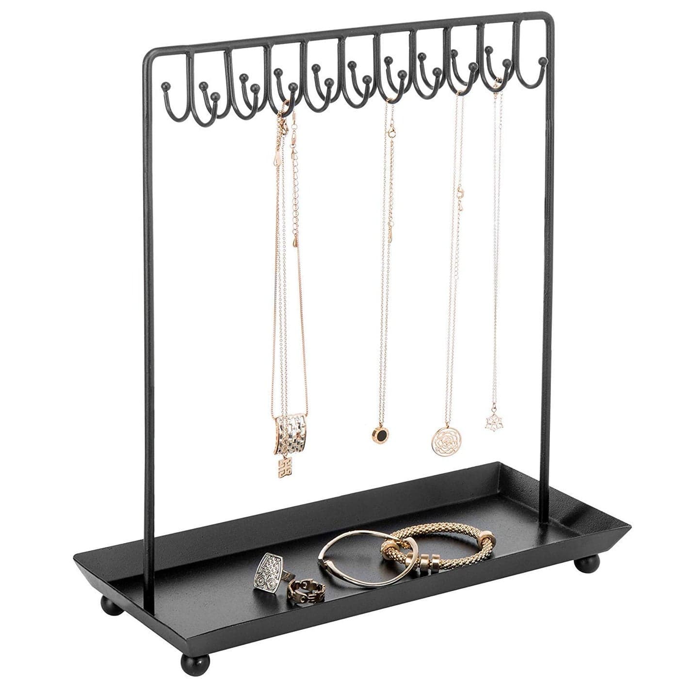 INDIAN DECOR 417711 Keep Your Necklaces Organized With A Sleek Metal Tabletop Stand Features 20 Hooks And Ring Tray For Easy Access And Storage Black