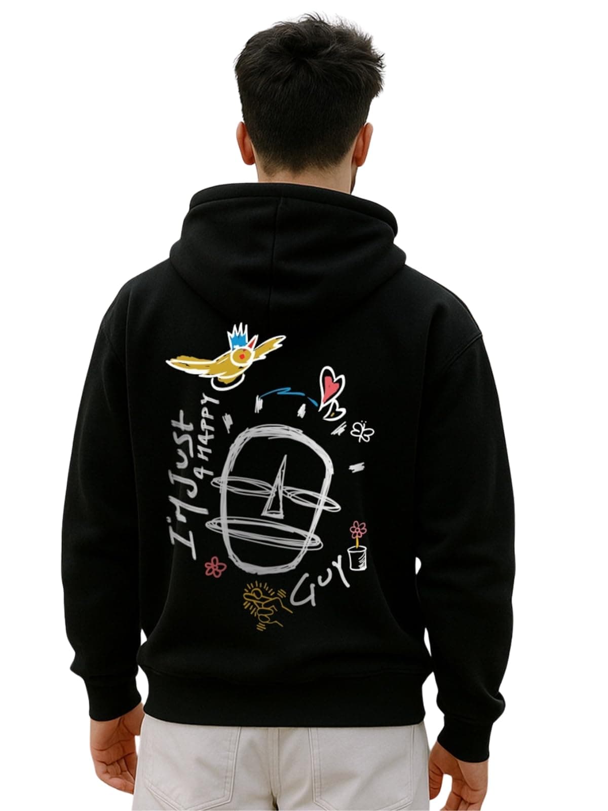 Veirdo® Cotton Fleece Regular Fit Hooded Sweatshirt Lastest Back Graphic Printed Winter Hoodies for Men (W05_IMHPYGUY_BLK_XL)