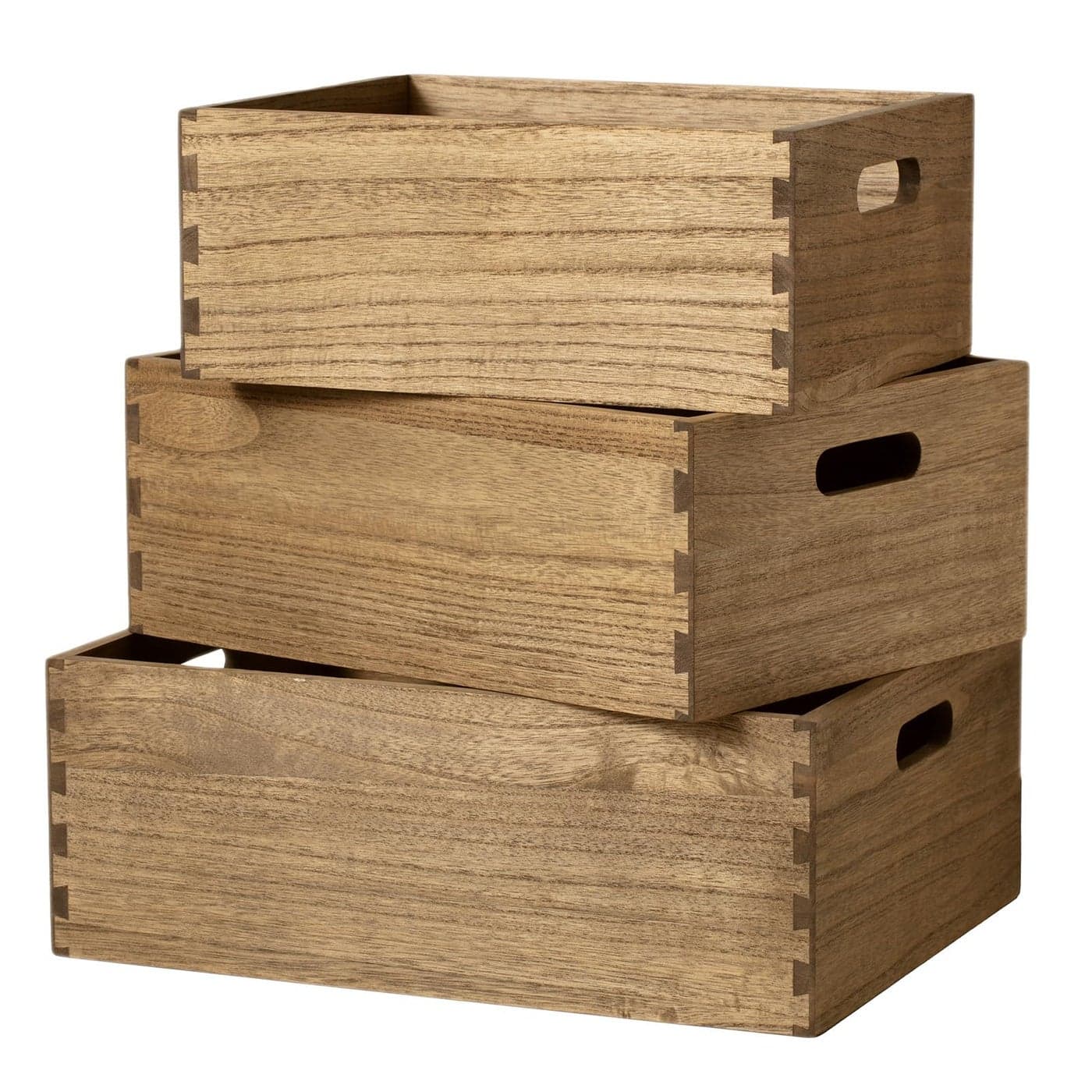 KIRIGEN Nesting Wooden Crates with Portable Handles for Home Organizer Wood Rustic Decor Farmhouse Boxes Basket Rolling Trays set of 3 Dark Brown