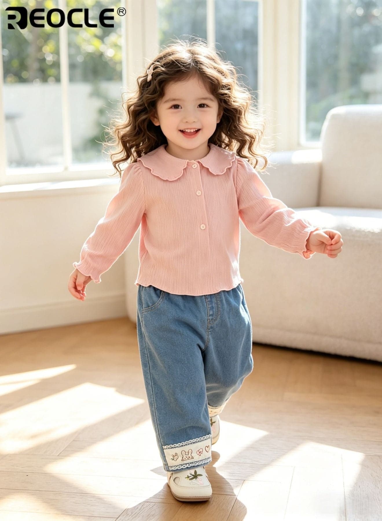 Kid's Embroidered Jeans with Cartoon Design and Elastic Waistband Playful Denim Pants with Soft Comfort Fit for Autumn Daily Wear