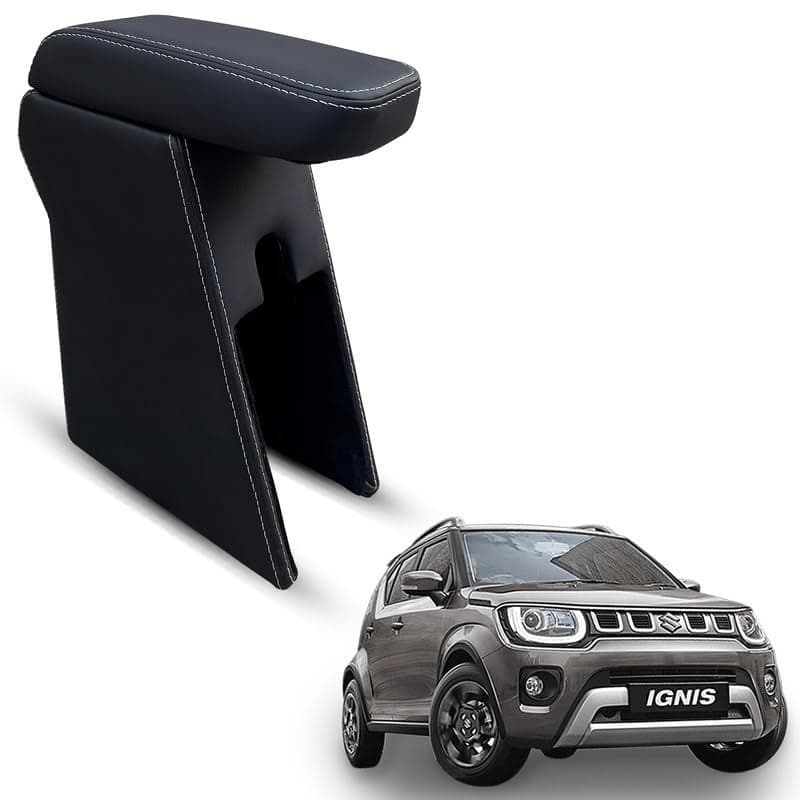 Carigiri Premium Finish Car Armrest with Storage Box And High Density Moulded Foam For Maruti Suzuki ignis (Black with White Stitching,Nappa Leatherette)