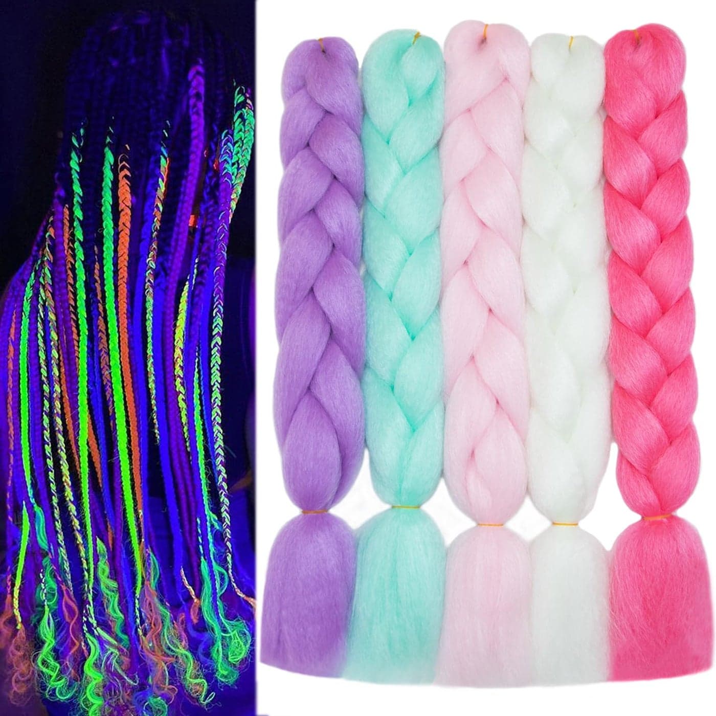 Colorful Jumbo Braiding Hair Pre Stretched Glow in the Dark Hair 24inch 5Pcs Luminous Colored Braiding Hair