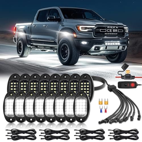 16 Pods Pure White LED Rock Lights with Extension Wires IP67 Waterproof 6500K Super Bright White Underglow Kit for Semi Truck Sedans Trailer Offroad Pickup RV Underbody Under Car Lighting