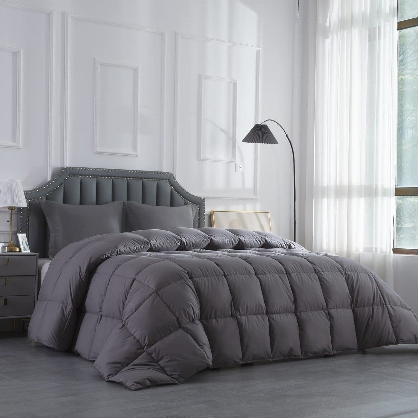 HOMBYS Feather and Down Comforter Oversized King Comforter 120 x 120 Grey Extra Large Duvet Insert for All Season 100 Cotton Cover Down Proof with Corner Tabs