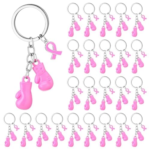 VercanMonth 25 Pcs Breast Cancer Awareness Keychain for Women Pink Ribbon Accessories Pink Boxing Gloves Charm for Survivor Party Supplies