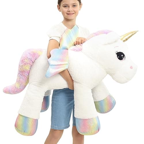 FFxiong 44 Inch Giant Unicorn Stuffed Animal Pillow Cute Soft Big Unicorn with Rainbow Wings Large Plush Toy Gifts for Girlfriend Girls Boys Kids Birthday Valentines Christmas