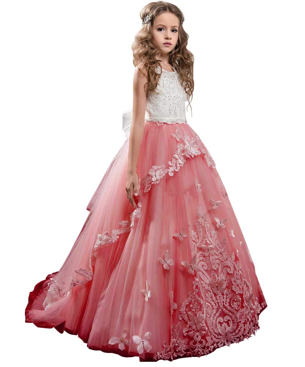 Flower Girl Dress Kids Lace Beaded Pageant Ball Gowns Size 12 Burgundy