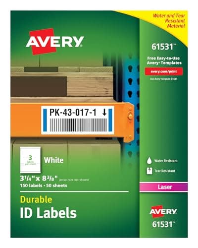 Avery Durable White Cover Up ID Labels for Laser Printers, 3.25 x 8.375, Pack of 150 (61531)