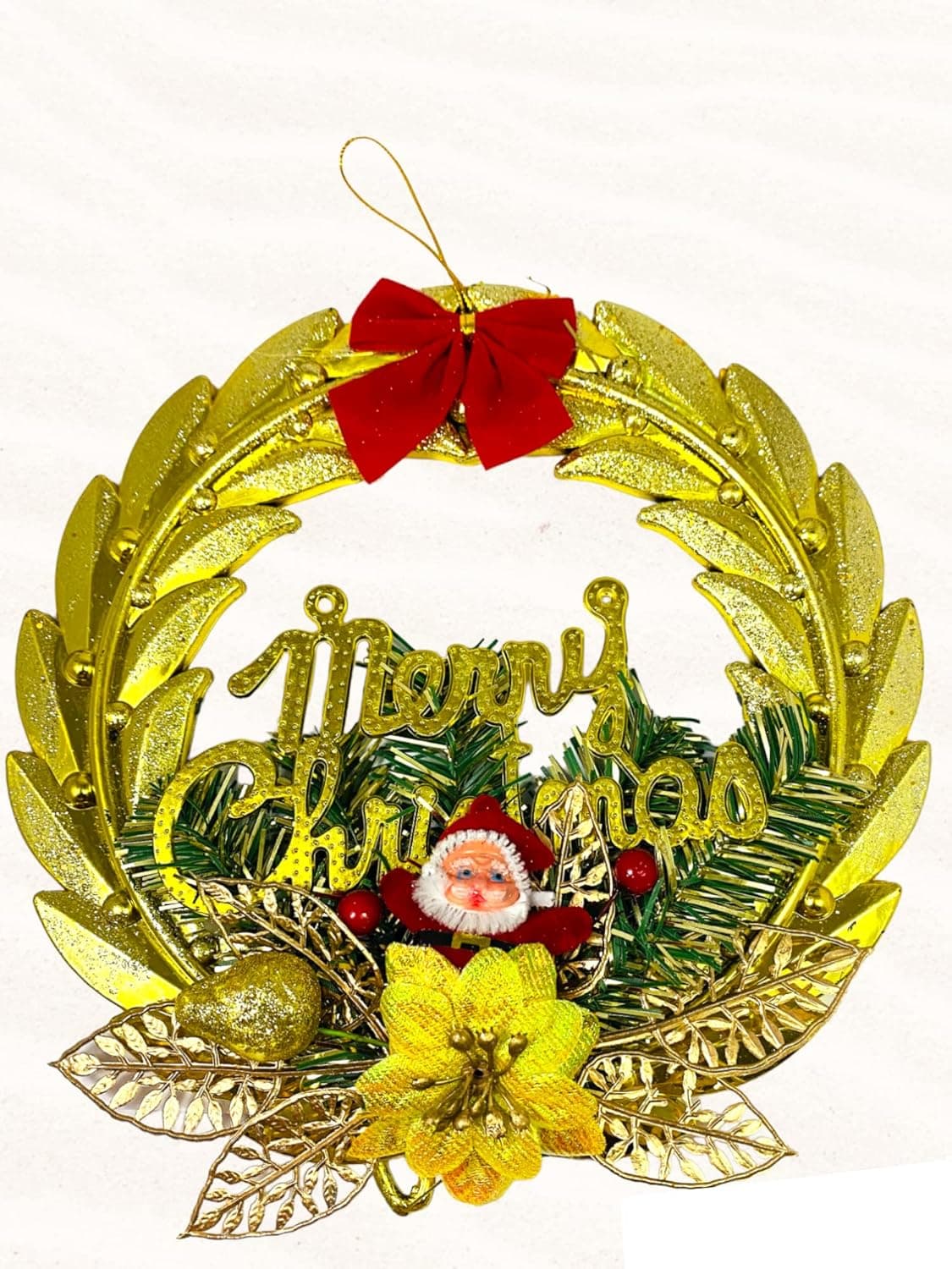 Evisha Golden Merry Christmas Wreath Hanging Ornaments Wall Bowknot for Christmas Party Home Decoration Christmas Items