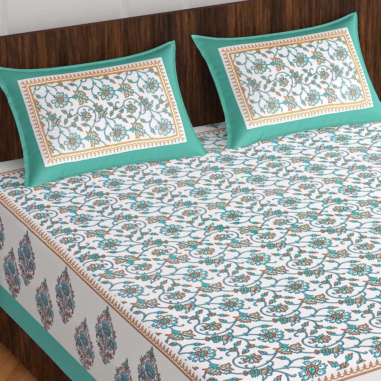 ColorKart 100 Cotton Rajasthani Jaipuri Traditional Floral King Size Double Bedsheet with 2 Pillow Covers Multicolor Bedsheets 71