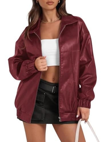 Yousify Women's Faux Leather Motorcycle Jacket 2025 Trendy Fall Clothes Oversized Casual Long Sleeve Zip Up Winter Coat Wine Red L