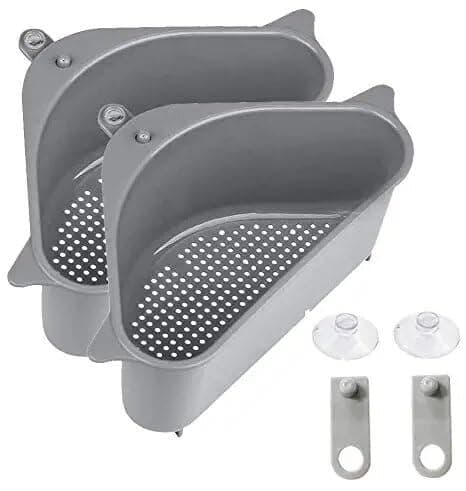 HROY 2 Pieces of Triangular Shape Sink Basket, Corner Kitchen Sink Strainer Basket, Multi-Function Water Storage Tank Drain Rack for Kitchen, Bathroom, Soap Box Organizer (Light Grey, 2)