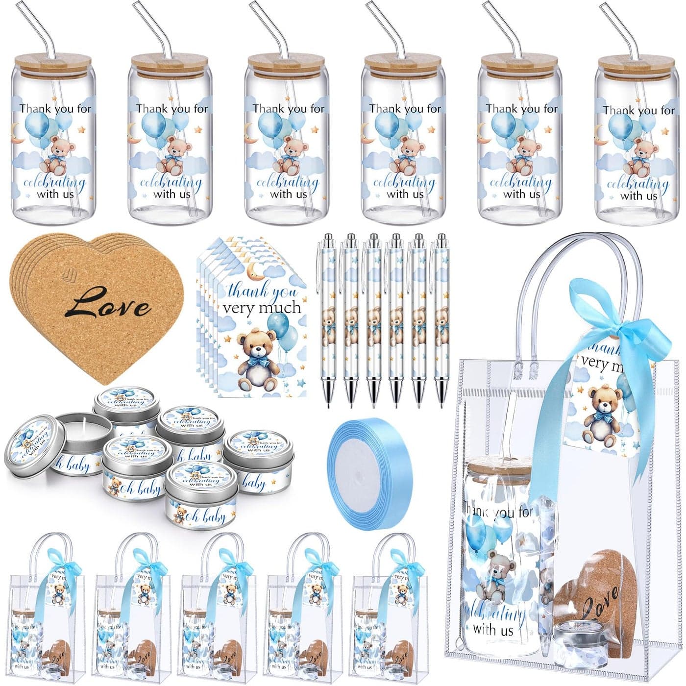 MotiMind 6 Sets Bear Baby Shower Prizes for Game Players Baby Shower Winners Guest Gifts Blue Balloon Bear Candle Tumbler Coaster Pen Gift Bag Wedding Bridal Game Prizes Party Favors