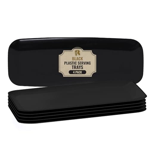 R-kay 4 Pack Plastic Serving Trays for Party - Black Serving Tray 17 by 6.5 in - Heavy Duty Dessert Trays for Food - Rectangular Party Serving Trays - Premium Party Trays - Black Platters
