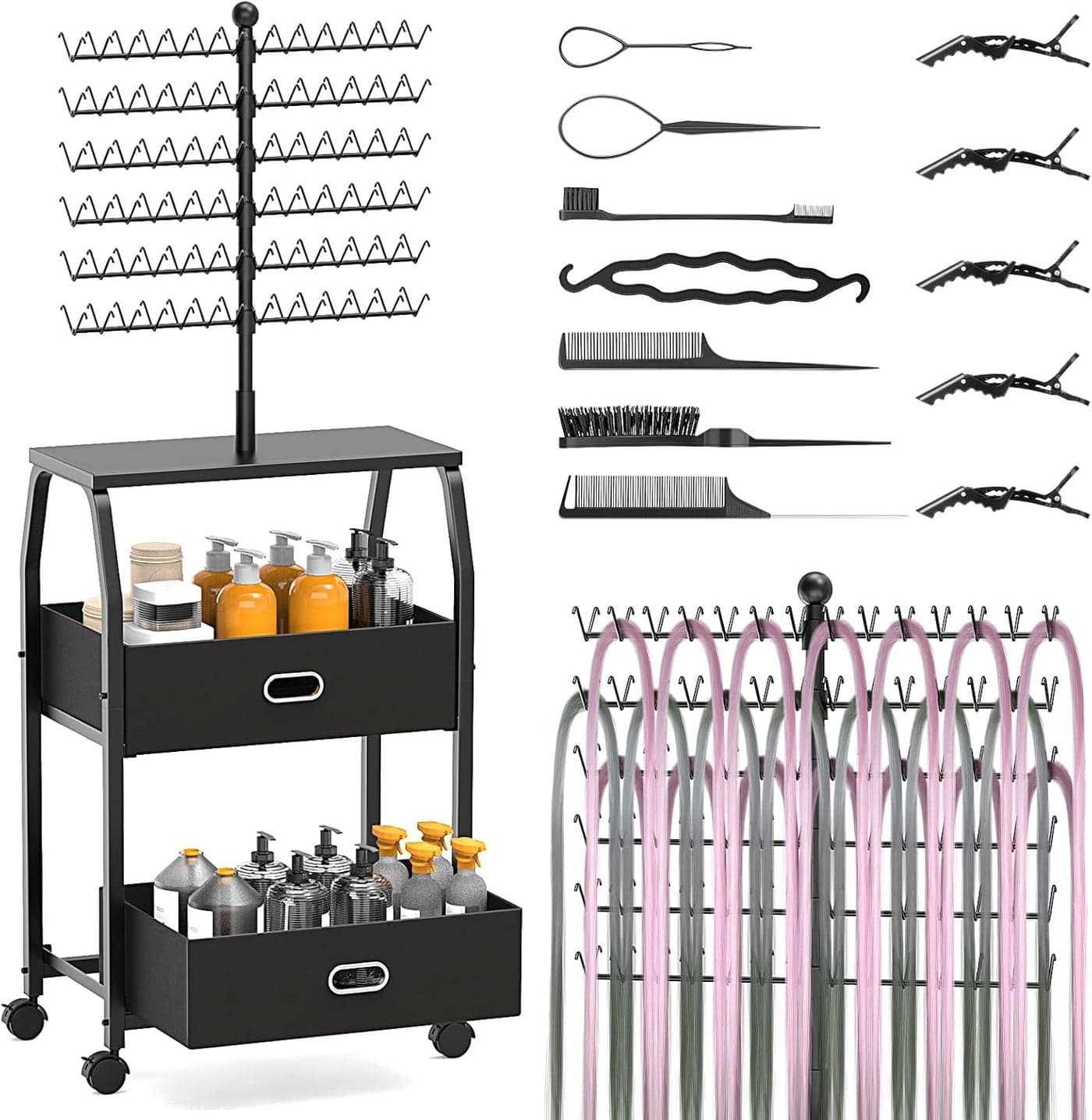 Portable Braiding Hair Rack With Wheels Storage Drawers168 Pegs Hair Extension Holder Hanger for Braiding Hair Separator Stand Display StandHair Stand with Stylist Hair Braiding Toolsblack