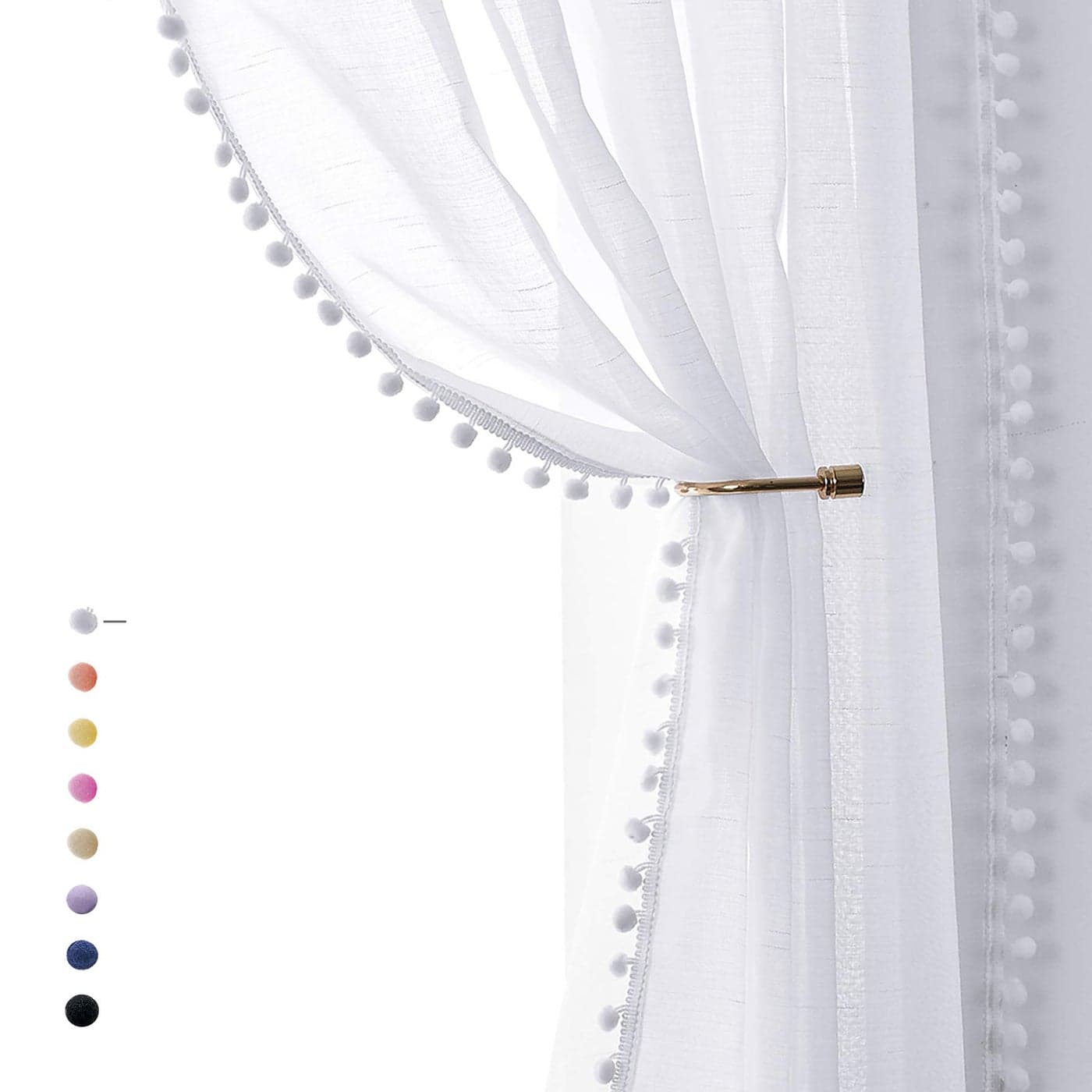 Snow White Sheer Curtains 95 Bedroom Decorative Pompom Trimmed Voile Window Curtain for Living Room Linen Look 2 Panels