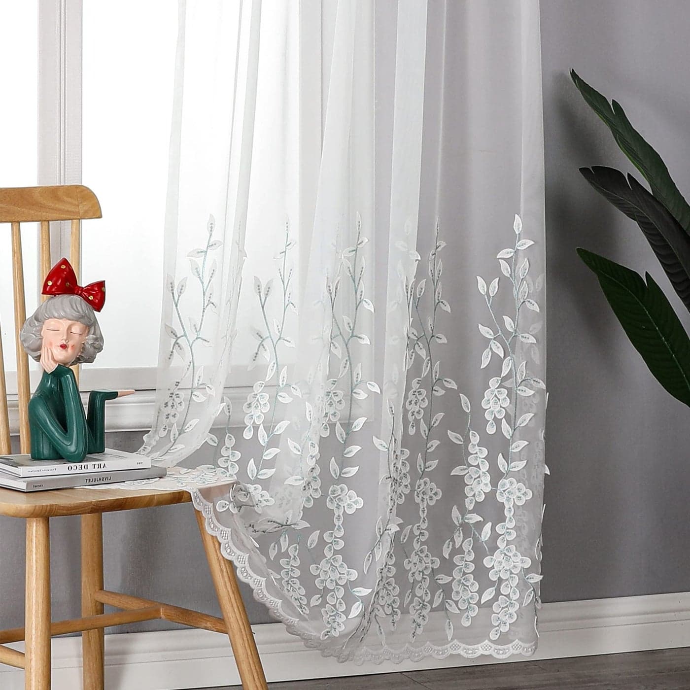 VISIONTEX White Sheer Voile Curtains Decorative White Embossed Leaves Rod Pocket Window Drapes for Home Kitchen Living Room and Bedroom 54 x 84 Inch Set of 2 Curtain Panels