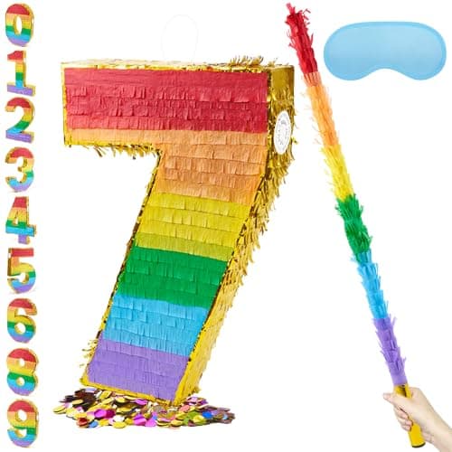 PCFING 20 Inch Number 7 Piata Rainbow with 30 Inch Piata Stick Blindfold Confetti for Boys Girls Adults Birthday Party Decorations Anniversary Celebration Fiesta