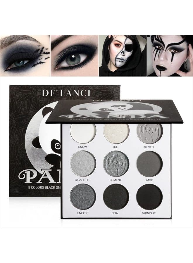 Black Smoky Eye shadow Palette, DE'LANCI PANDA 9 Colors True Black Dark Grey Smokey Eyeshadow Palette Goth Makeup Pallet, 9 Soft Matte Shimmer High Pigmented Basic Black White Gray Shade for Halloween