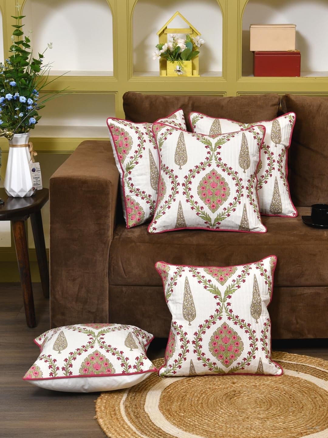 Clasiko Cotton 300 TC Cushion Covers Set of 5; 24X24 Inches; Pink Beige Block Print
