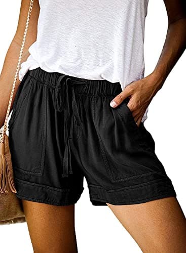 Wielsscca Womens Drawstring Shorts Trendy Summer Elastic Waist Cute Casual Cotton Lightweight with Pockets Q-Black L